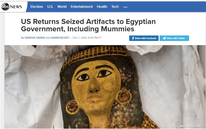 أمريكا تعيد لمصر مومياء وقطعا أثرية مسروقة