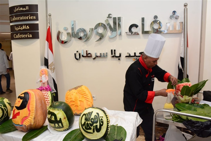 الشيف رجب المصرى ينحت وجوه المرضي بشفاء الأورمان على قشر البطيخ الشيف رجب المصرى ينحت وجوه المرضي بشفاء الأورمان على قشر البطيخ