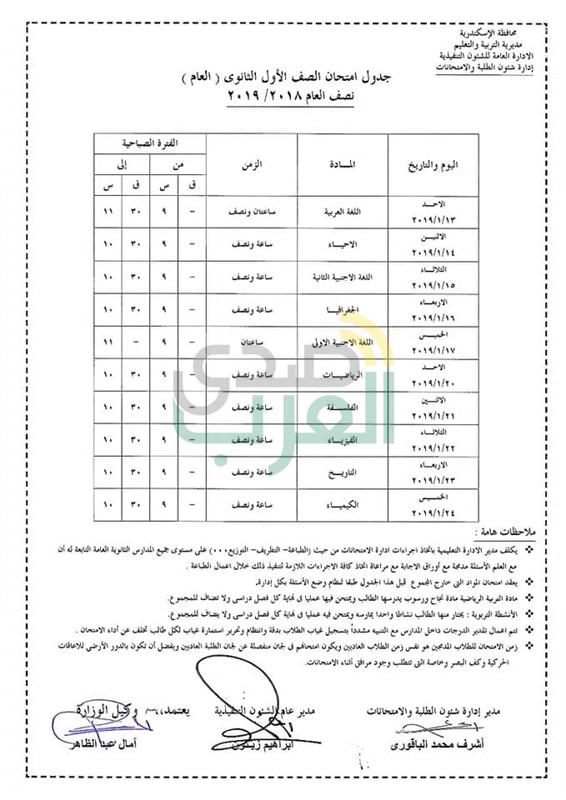 جداول إمتحانات نصف العام بمحافظة الإسكندرية 