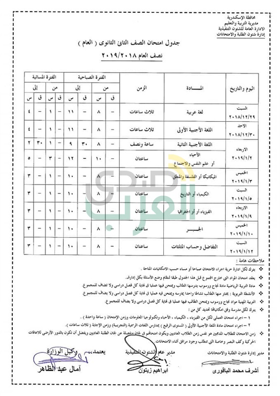 جداول إمتحانات نصف العام بمحافظة الإسكندرية 