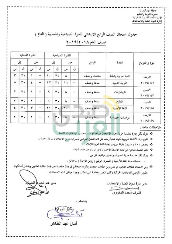 جداول إمتحانات نصف العام بمحافظة الإسكندرية 