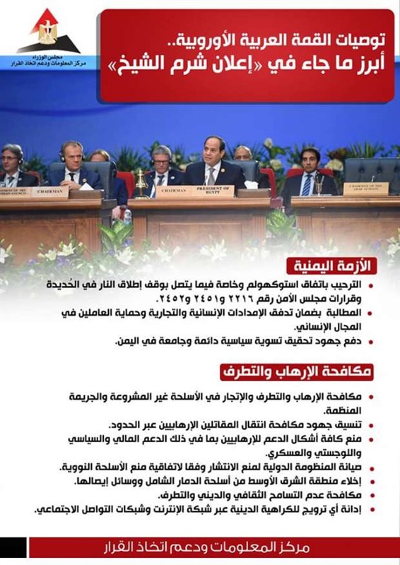 "الوزراء" ينشر إنفوجرافيك عن أبرز توصيات القمة "العربية - الأوروبية"
