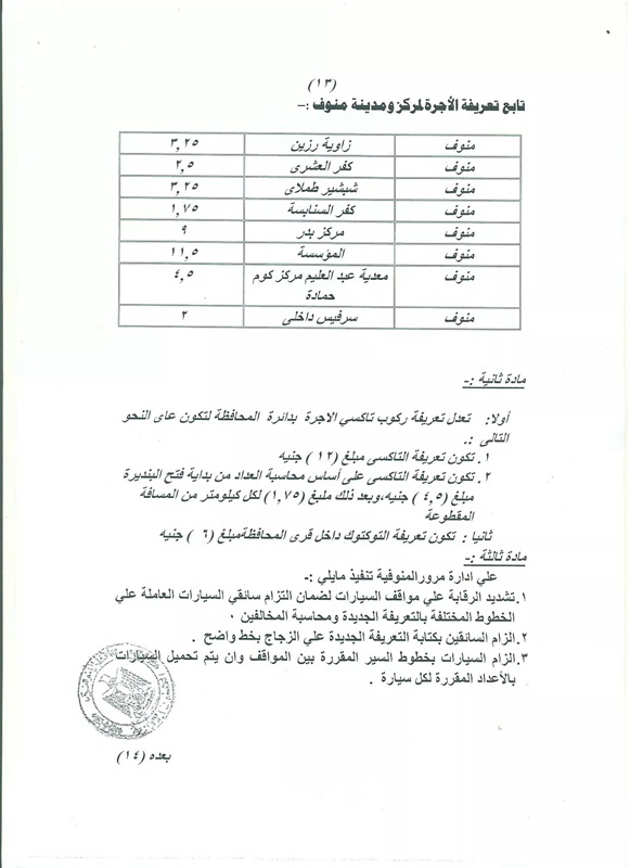 محافـظ المنوفية يعتمد تعريفة الركوب الجديدة بالمحافظة