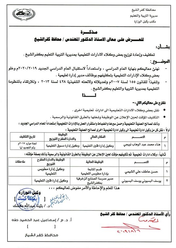 تعرف علي حركة مديري الإدارات التعليمية بكفر الشيخ