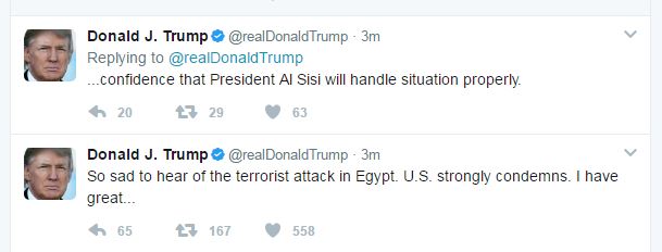 ترامب عن حادثى اليوم: واثق بأن الرئيس السيسى سيتعامل مع الوضع بشكل صحيح
