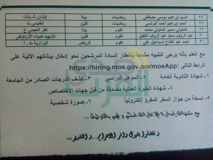  ننشر أسماء معلمي كفر الشيخ المرشحين للإعارة بدولتي البحرين وعمان