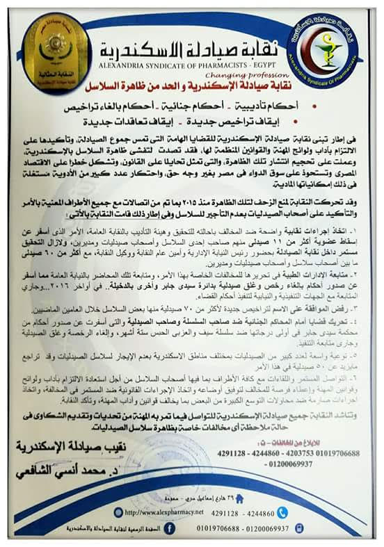 اسقاط عضوية 11صيدليا بالاسكندرية لانتشار سلاسل الصيدليات واحتكار الادوية 