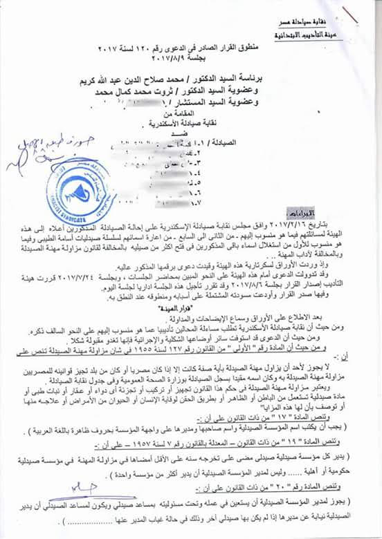 اسقاط عضوية 11صيدليا بالاسكندرية لانتشار سلاسل الصيدليات واحتكار الادوية 
