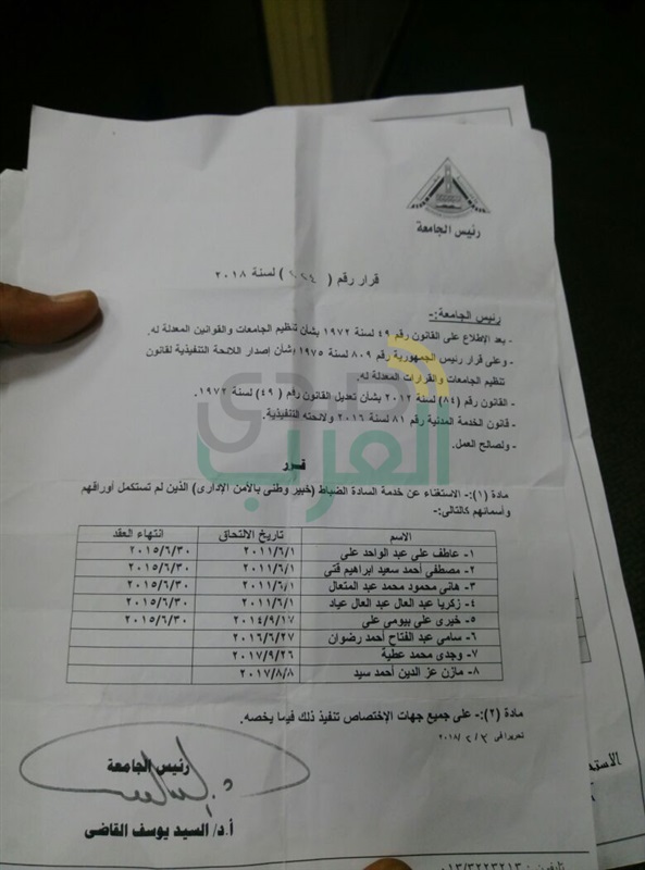 ننشر قرار فصل 8 ضباط الأمن الإدارى بجامعة بنها 
