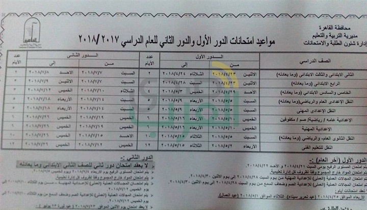 مديرية تعليم القاهرة تعلن جدول مواعيد امتحانات الدور الأول والثاني للعام الدراسي 2018/2017 الفصل الدراسي الثاني