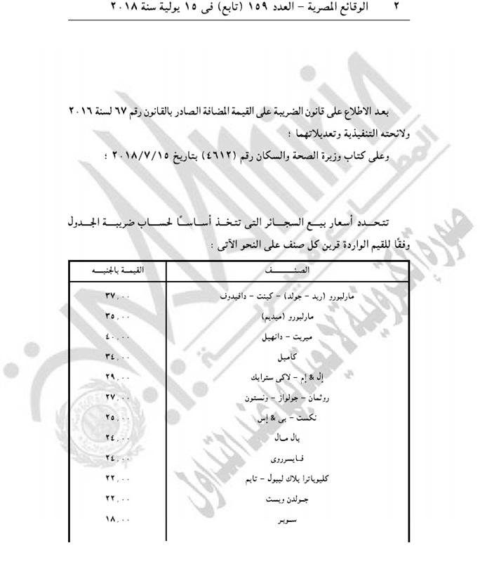 الجريدة الرسمية تنشر الأسعار الجديدة للسجائر بعد الزيادة (صور)