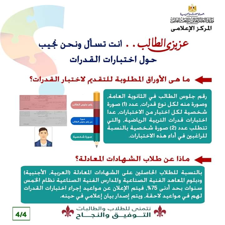 انفوجراف يبسط كيفية تقديم طلاب الثانوية العامة لاختبارات القدرات للتنسيق لعام 2019