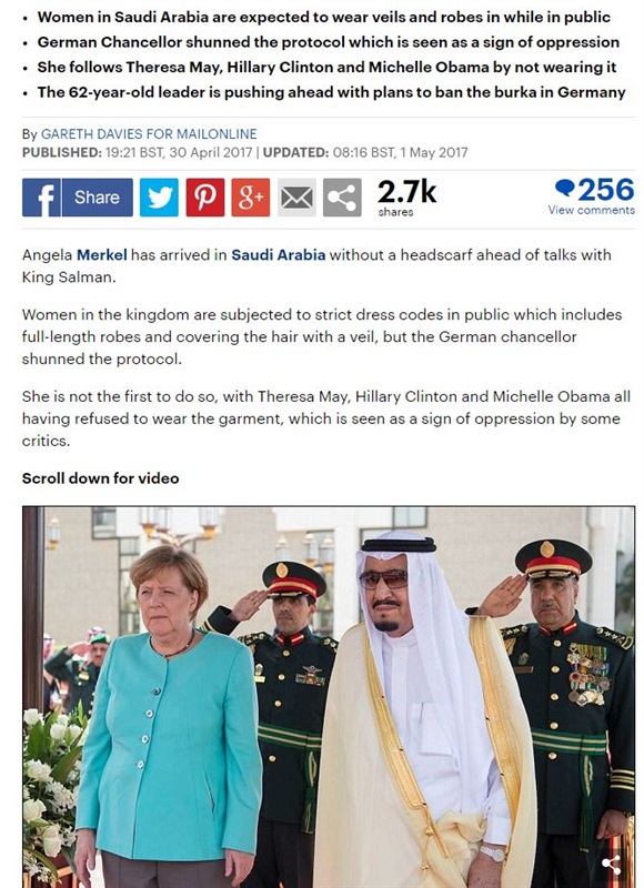 ديلي ميل: "ميركل" رفضت ارتداء الحجاب بالسعودية لأنه "علامة القمع" ديلي ميل: "ميركل" رفضت ارتداء الحجاب بالسعودية لأنه "علامة القمع"