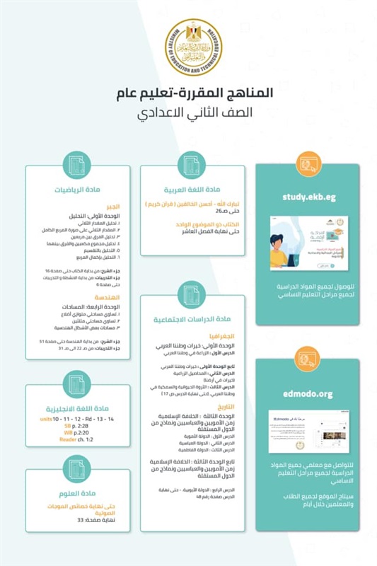 وزير التعليم ينشر انفوجراف لمناهج الترم الثانى للصفوف3 ابتدائى حتى 3 ثانوى