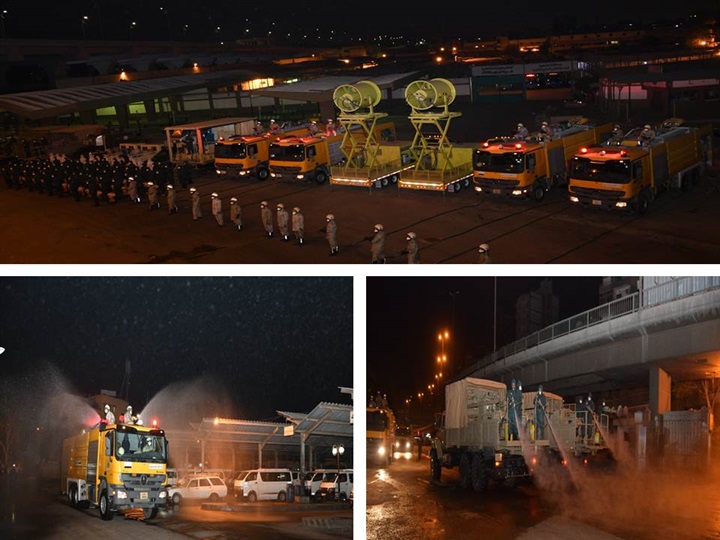 القوات المسلحة تقوم بأعمال التطهير والتعقيم الوقائى لموقفى عبود والمظلات